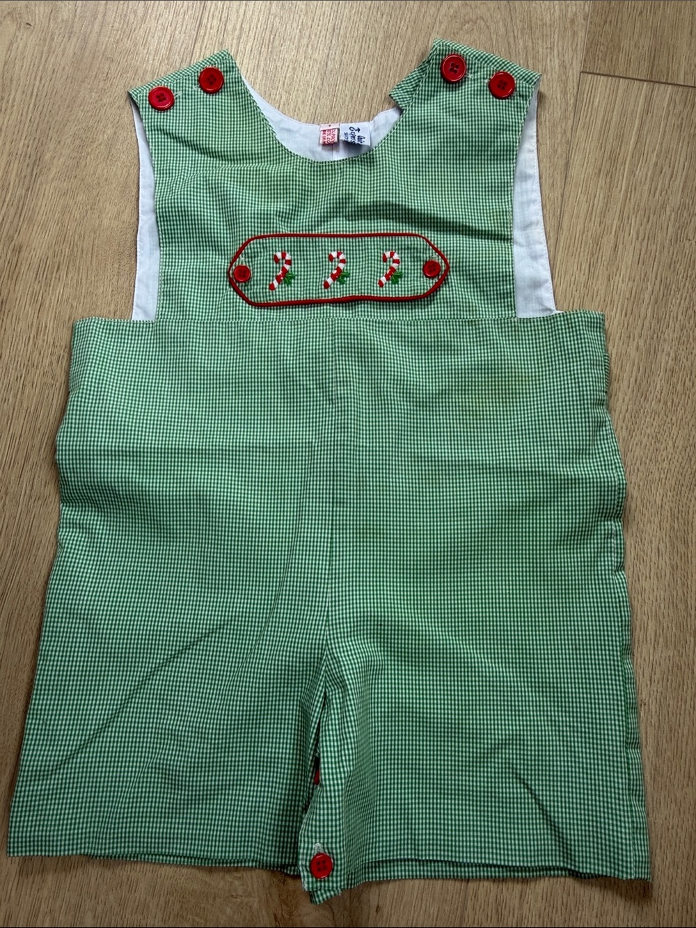 Green Gingham Children's Romper with Candy Cane Appliqué